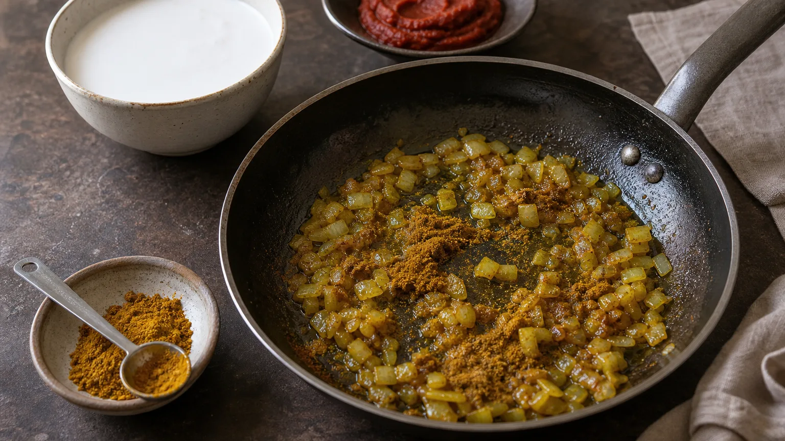 Curry powder blooming in oil with softened onions before tomato and coconut milk are added