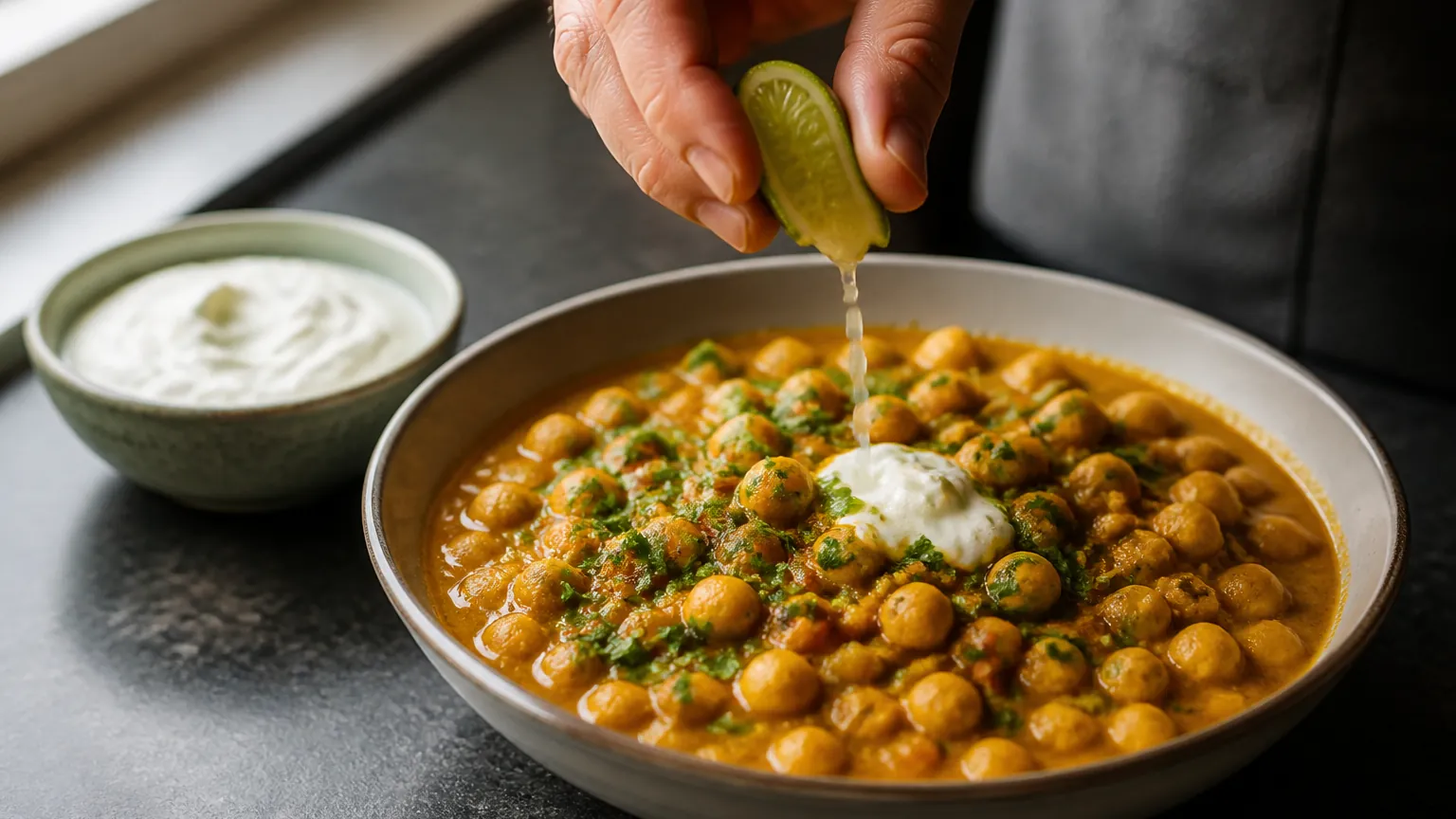 Lime squeezed over finished chickpea curry with cilantro and yogurt - curry powder fresh finish | KnowTheSpices
