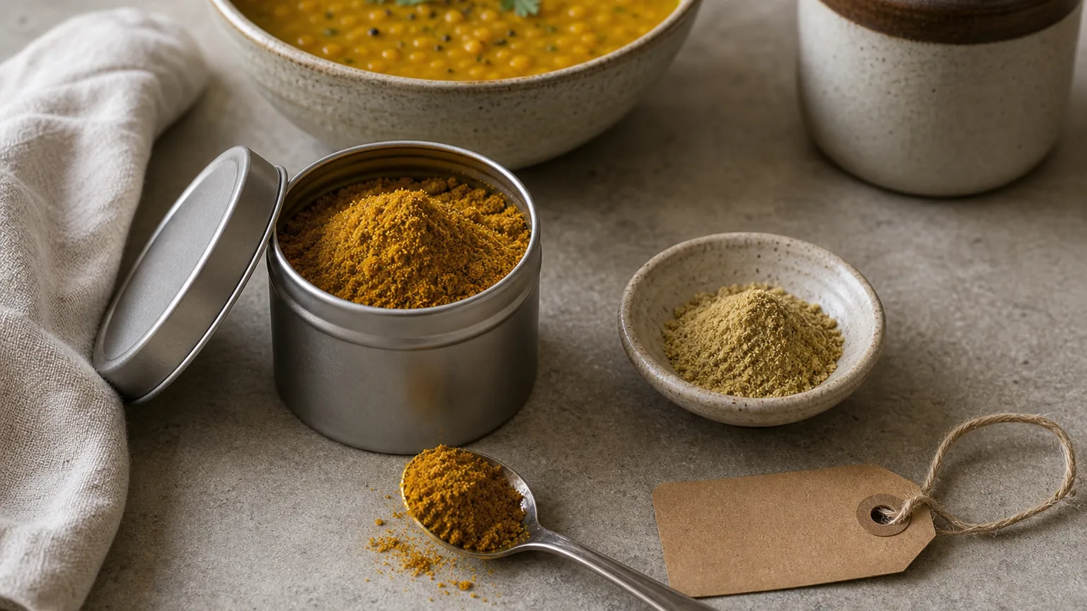 Fresh curry powder beside a dull faded sample, a small tin, spoon, and lentil soup