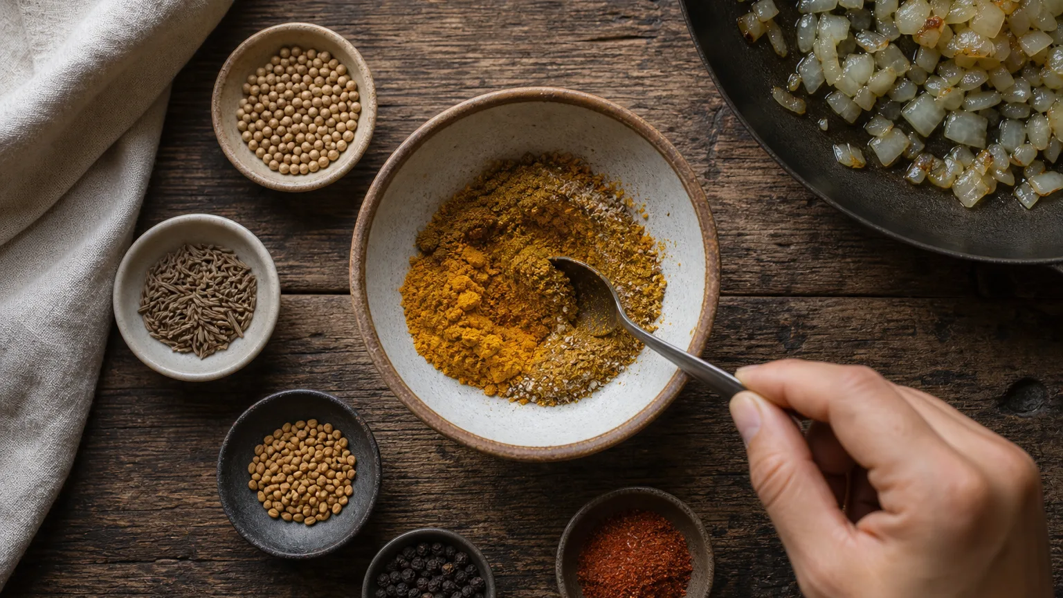 Homemade curry powder being mixed from turmeric, coriander, cumin, fenugreek, chile, and black pepper