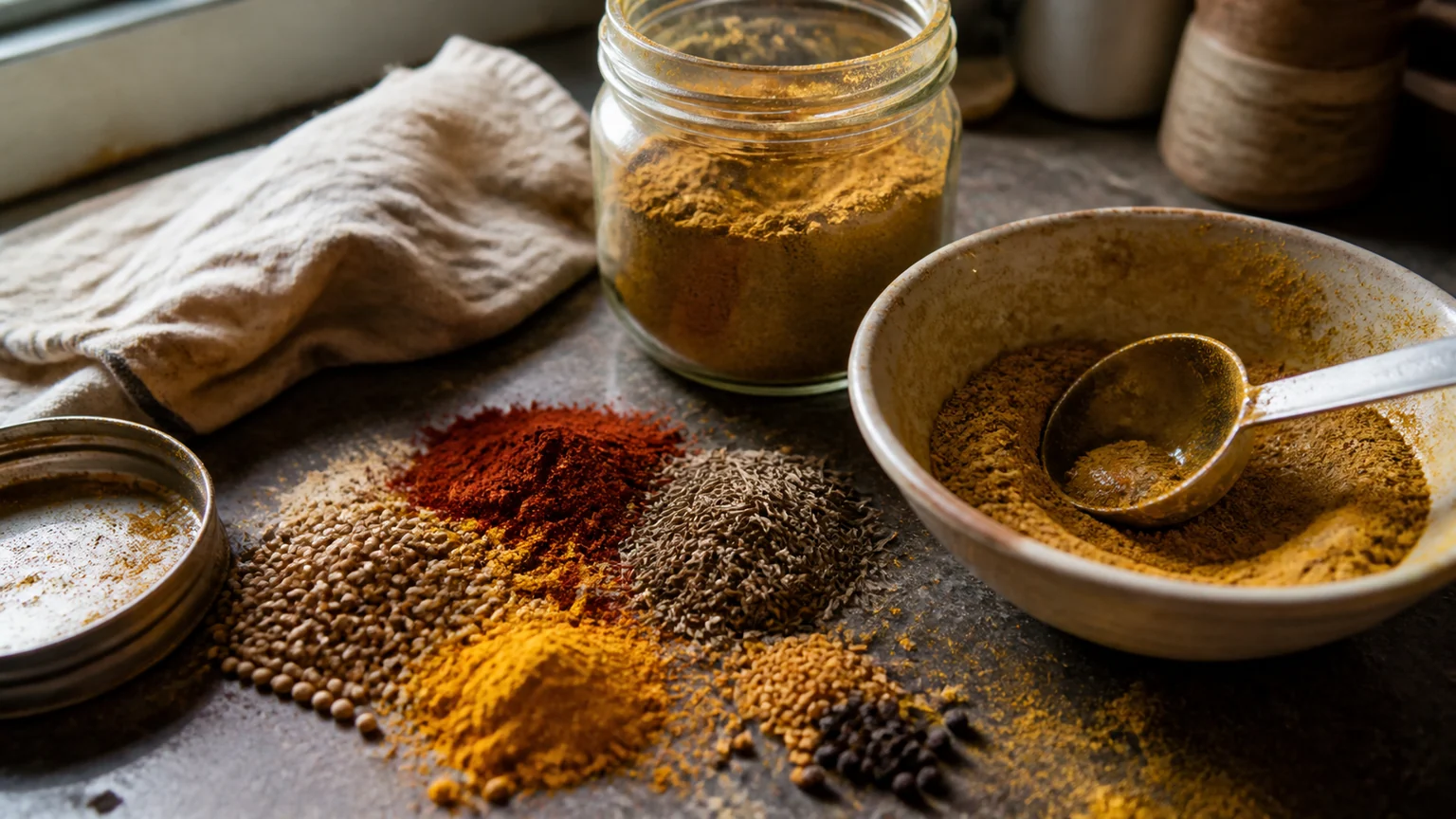 Curry powder blend beside turmeric, cumin, coriander, fenugreek, chile powder, and black pepper on a counter