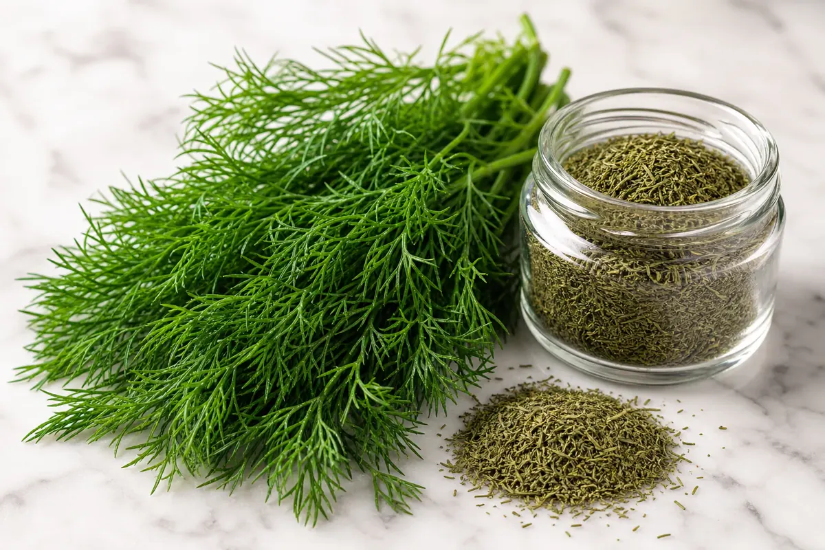 Fresh green dill fronds beside dried dill leaves in a clear jar