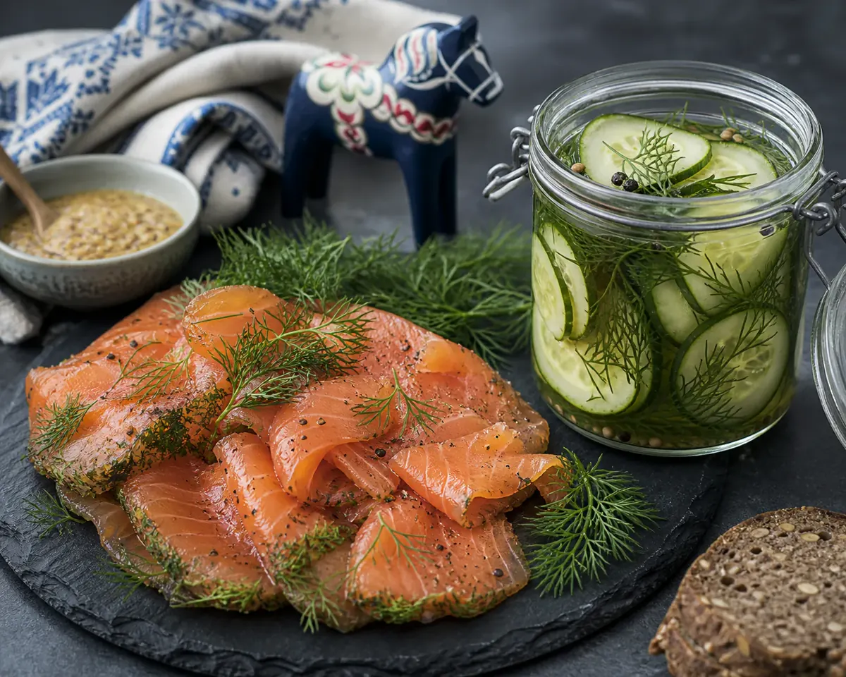 Cured salmon with fresh dill beside cucumber pickles containing dill fronds