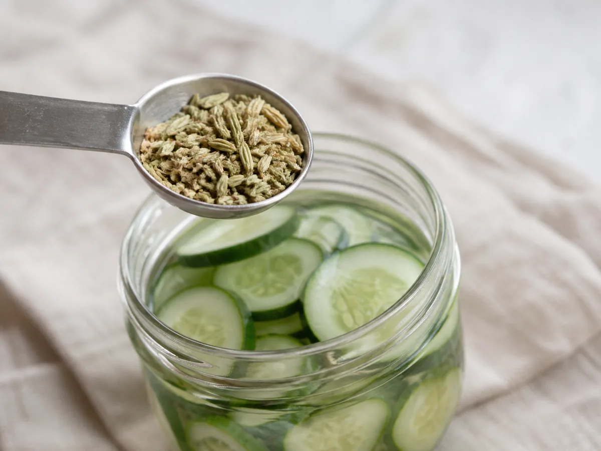 A quarter teaspoon of crushed fennel seeds above cucumber pickle brine - dill weed substitutes | KnowTheSpices