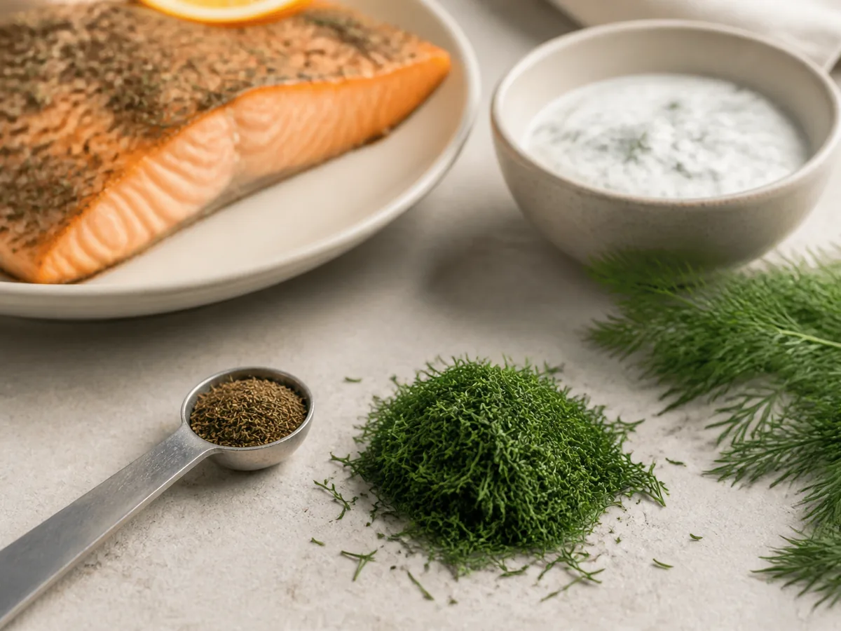 One tablespoon chopped fresh dill beside one teaspoon dried dill and yogurt sauce - dill weed substitutes | KnowTheSpices
