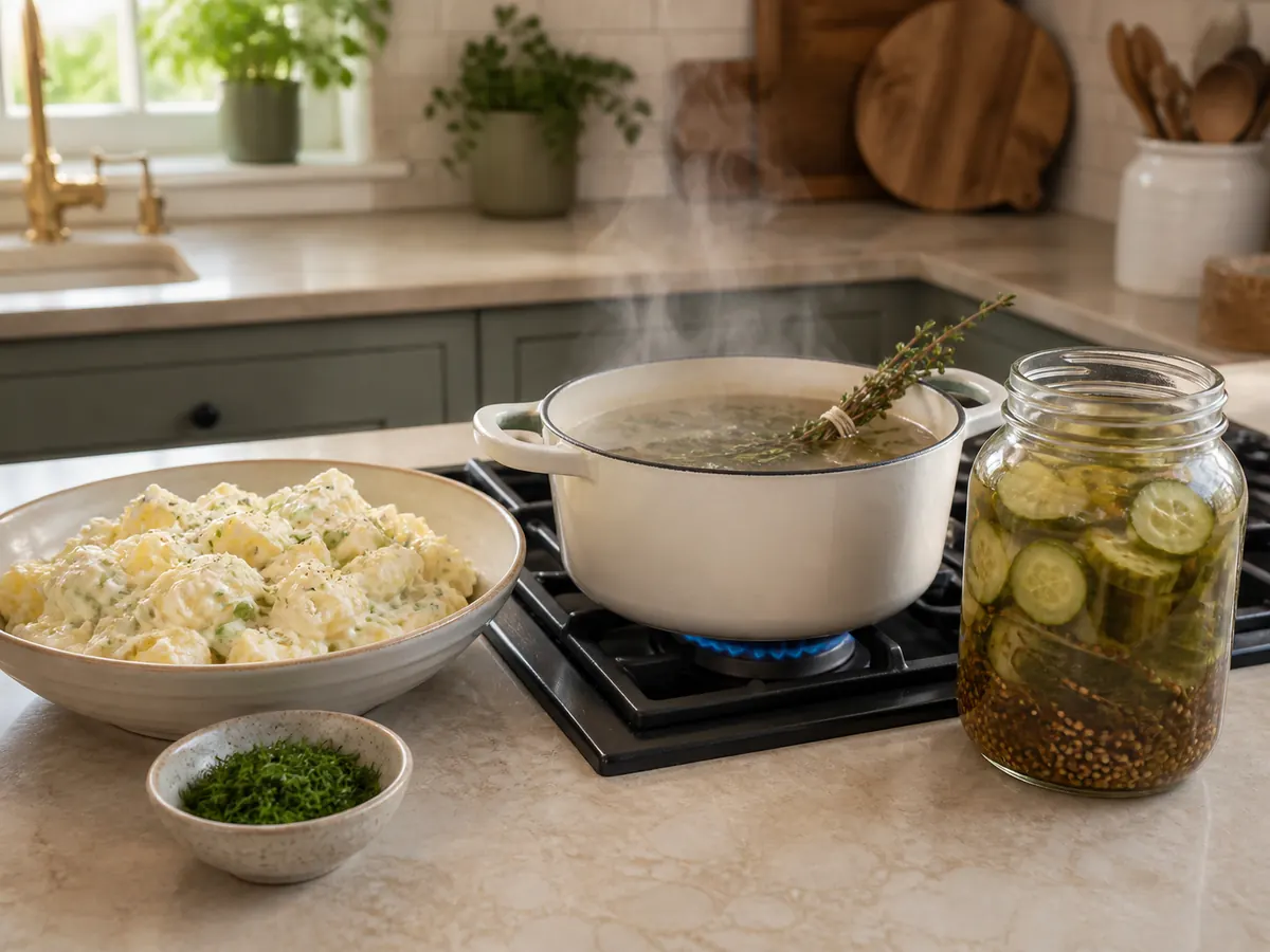 Fresh herbs, simmering thyme, and seeds in pickle brine shown at different cooking stages - dill weed substitutes | KnowTheSpices