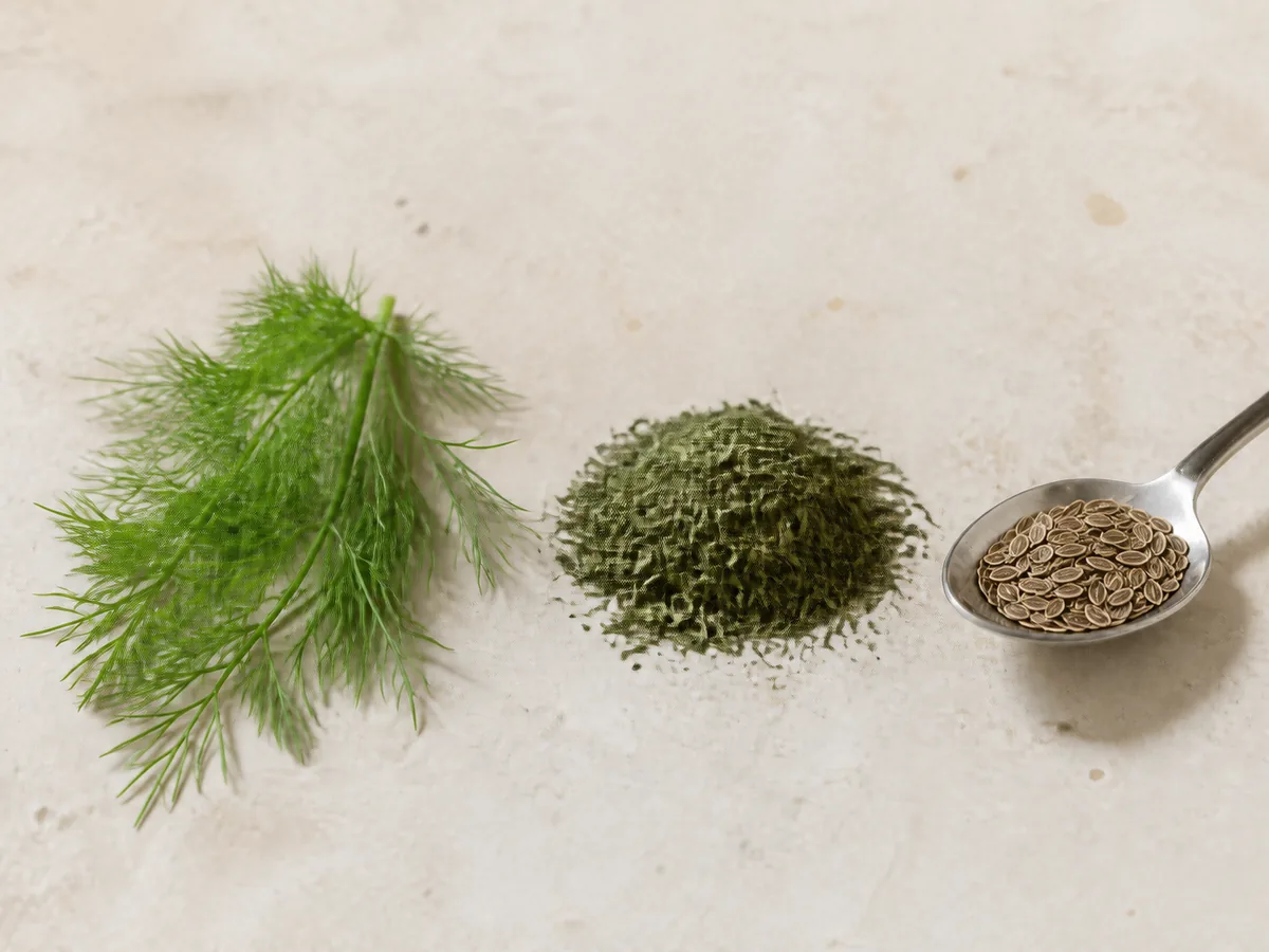 Fresh dill fronds and dried dill weed separated from tan dill seeds - dill weed substitutes | KnowTheSpices