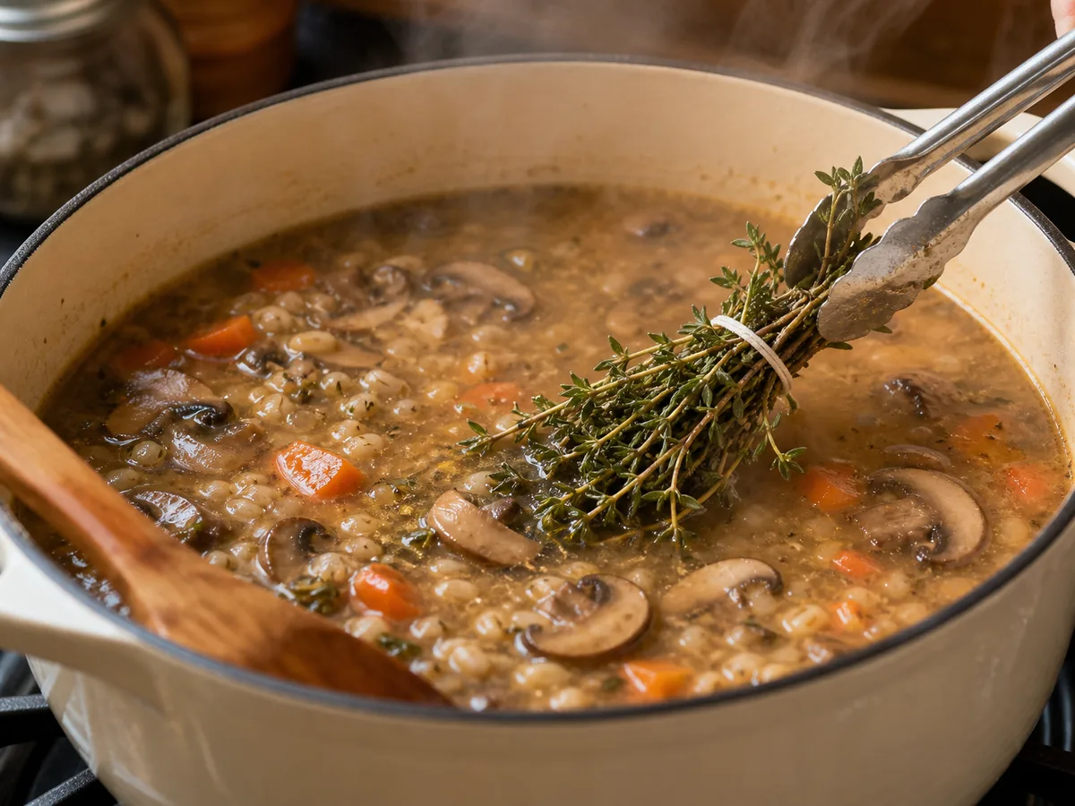 A tied thyme bundle lifted from steaming mushroom barley soup - dill weed substitutes | KnowTheSpices
