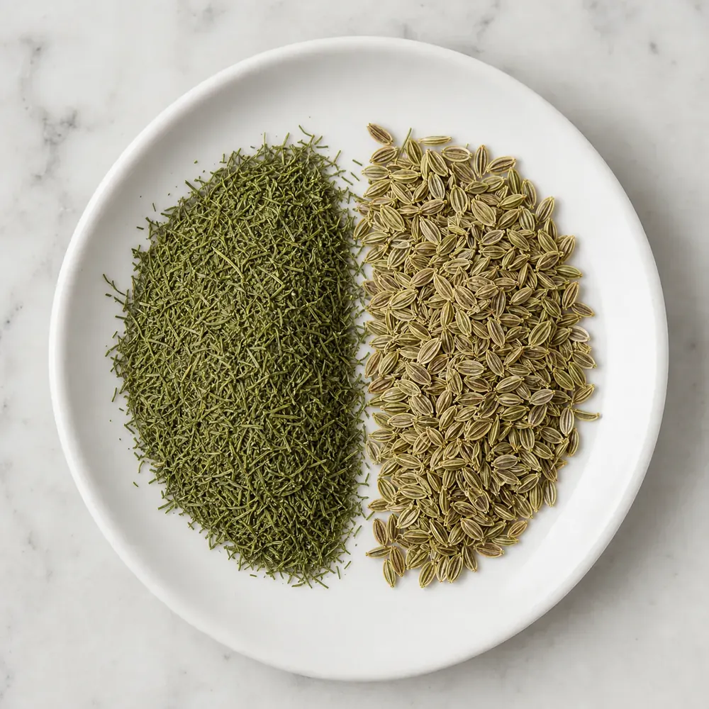 Dried dill leaves beside whole ridged dill fruit on a white plate