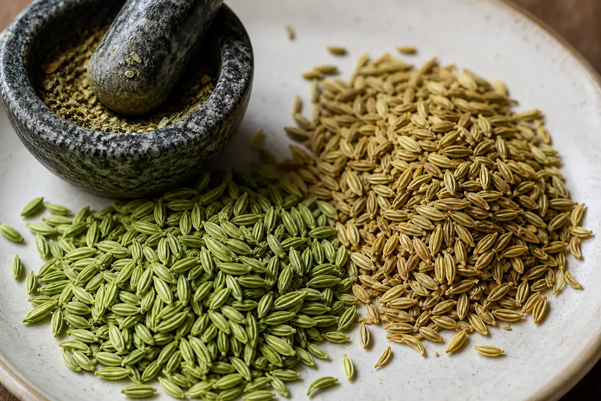 Fresh green fennel seeds, older tan seeds, and crushed fennel in a mortar - fennel seed freshness | KnowTheSpices