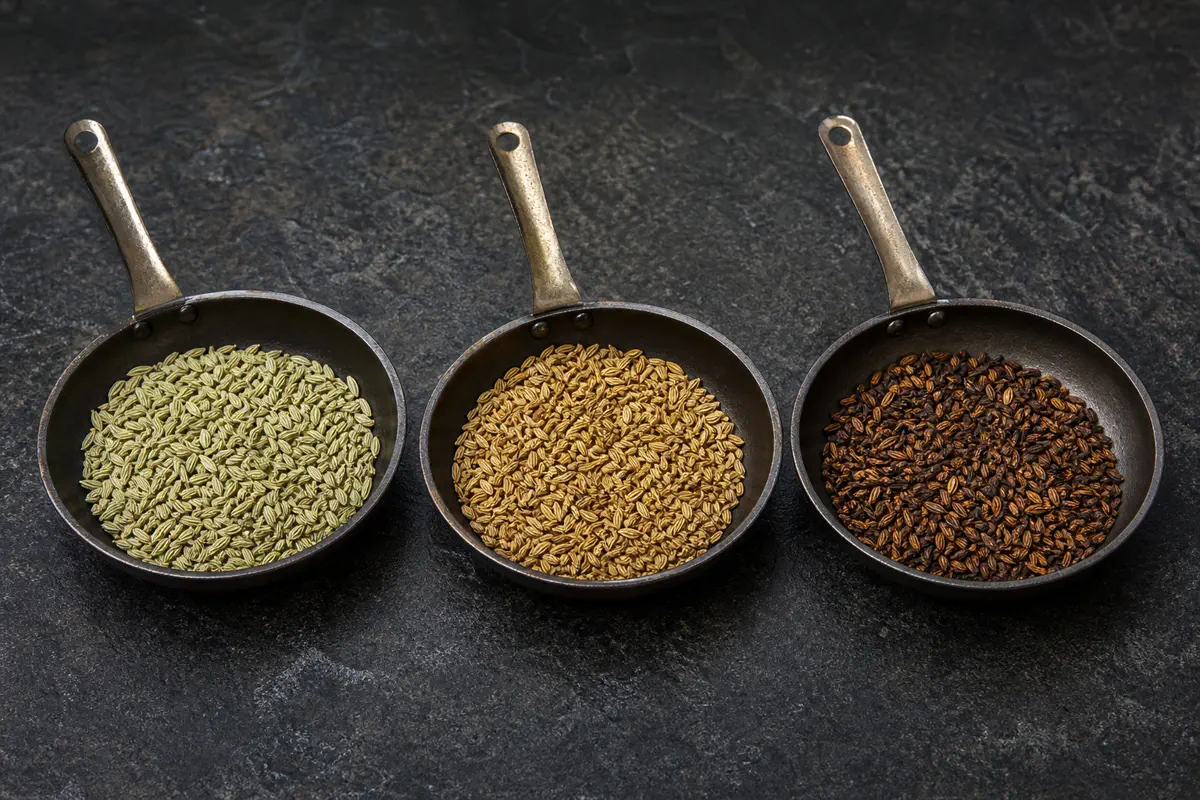 Raw pale green, lightly toasted golden, and overtoasted dark fennel seeds in three pans - toasting fennel seeds | KnowTheSpices