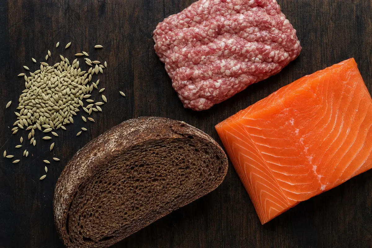 Fennel seeds beside pork sausage mixture, salmon, and dark bread - fennel seed uses | KnowTheSpices