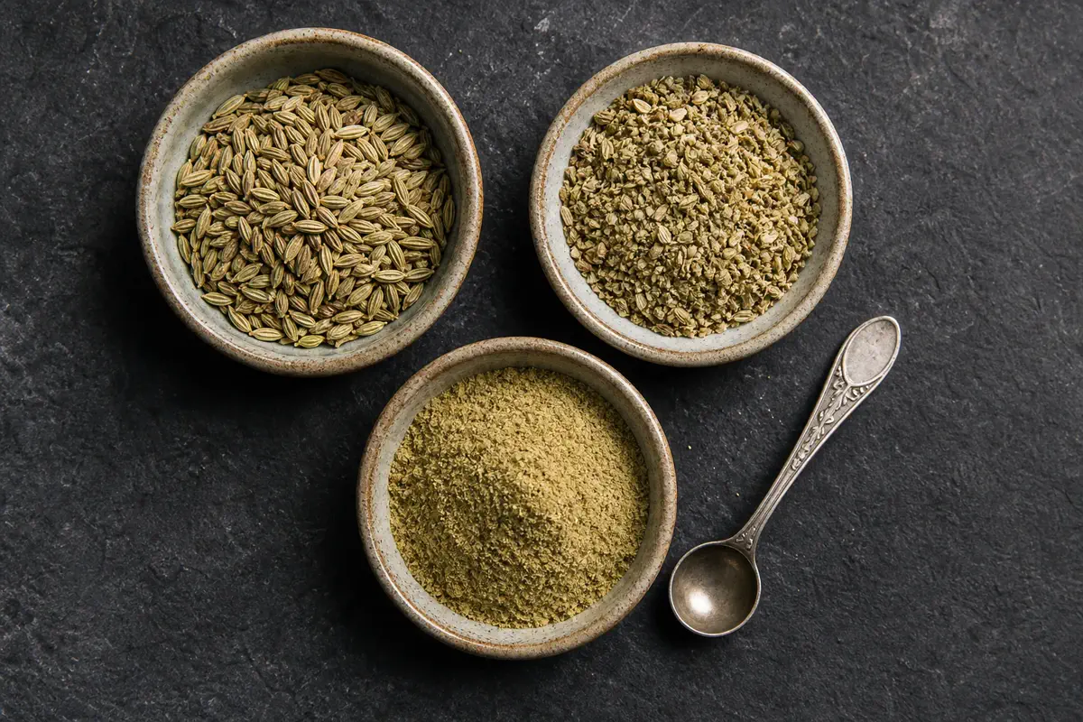 Whole, coarsely crushed, and finely ground fennel seeds in separate bowls - fennel seed forms | KnowTheSpices