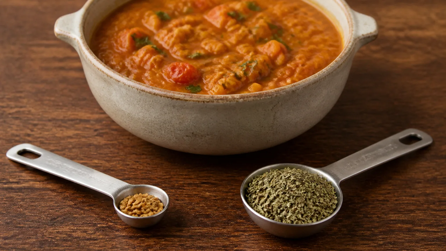 A small measuring spoon of fenugreek seeds beside a fuller spoon of dried kasuri methi with a four-serving curry