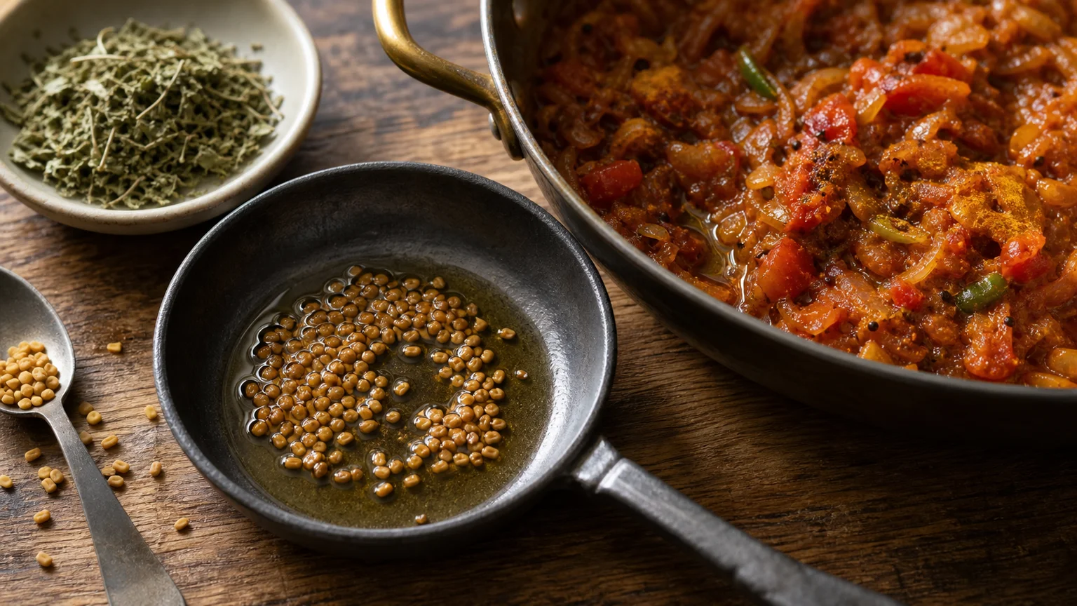 Fenugreek seeds warming in oil beside dried kasuri methi leaves and a curry base