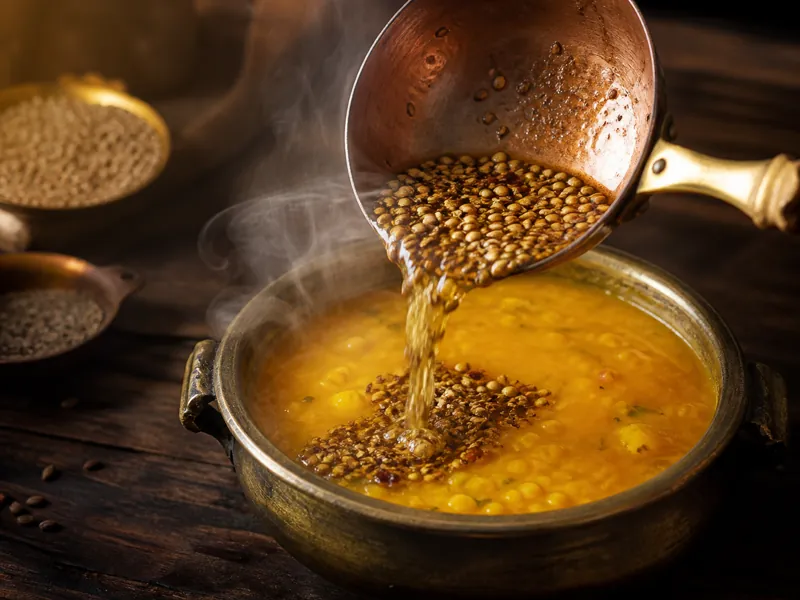 Toasted cumin and coriander seeds poured from a copper pan into yellow dal - fenugreek seed substitutes | KnowTheSpices