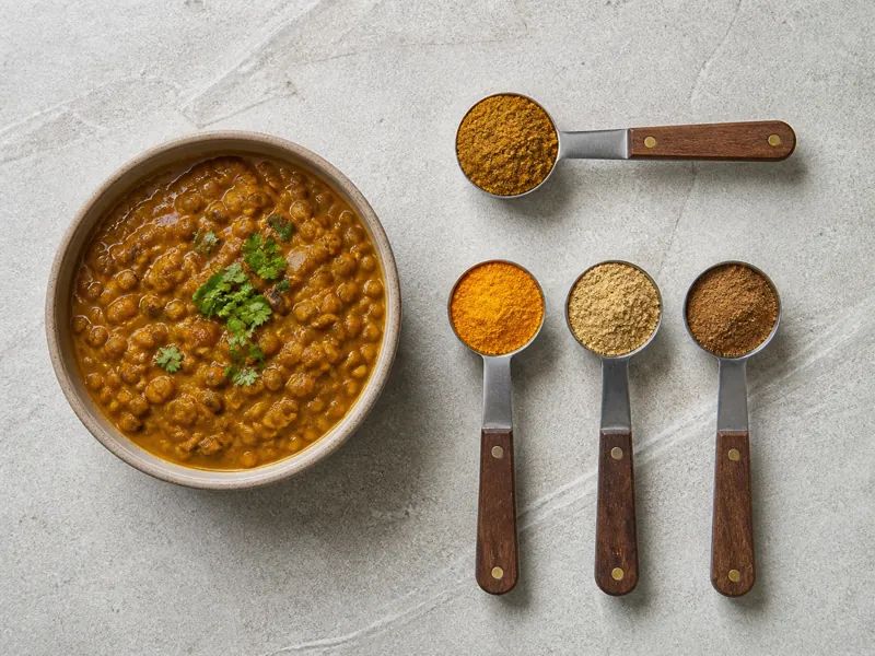 Curry powder beside separate measures of turmeric, coriander, and cumin with lentil curry - fenugreek seed substitutes | KnowTheSpices
