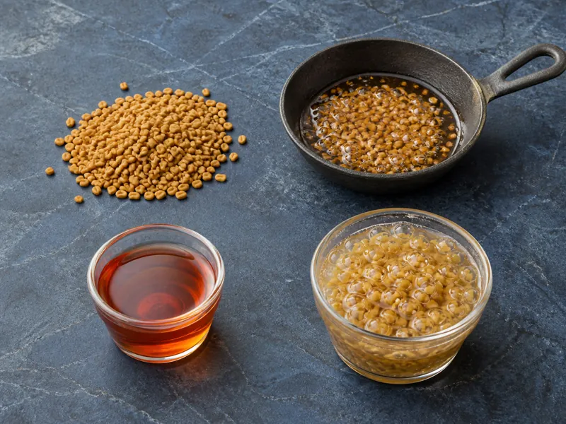 Dry, oil-bloomed, aromatic, and soaked states of fenugreek seed - fenugreek seed substitutes | KnowTheSpices