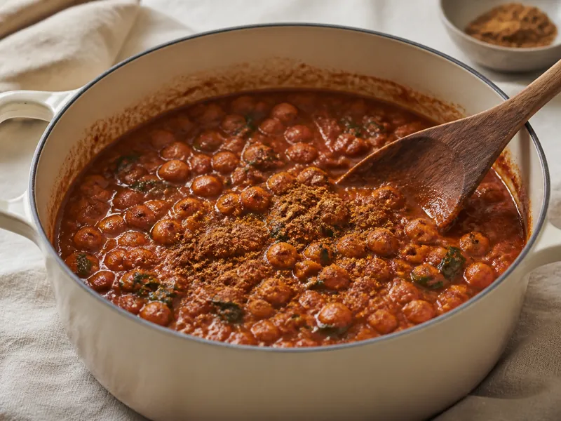 Garam masala folded into finished chickpea curry in a cream enamel pot - fenugreek seed substitutes | KnowTheSpices
