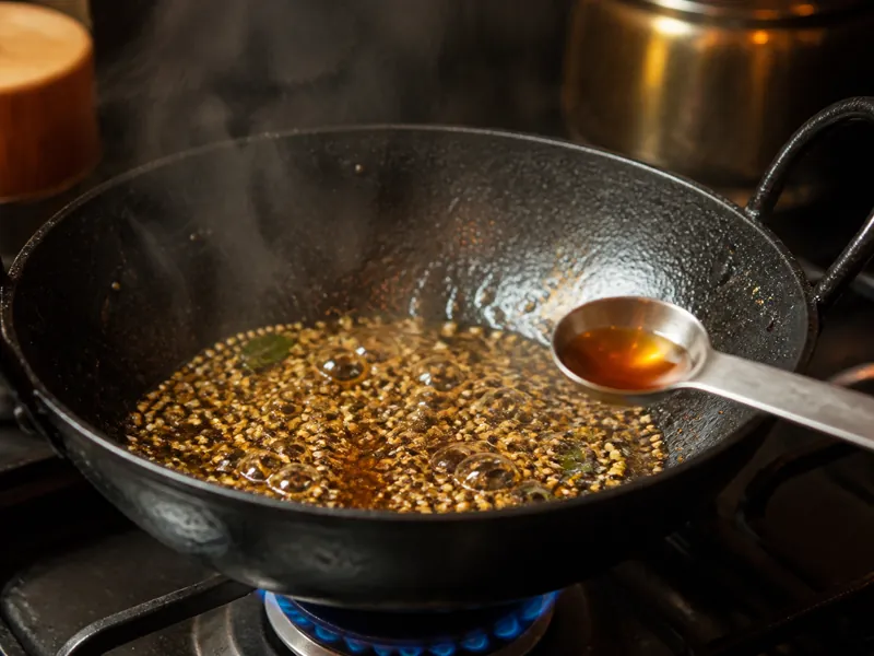 Yellow mustard seeds blooming in curry beside a tiny measure of maple syrup - fenugreek seed substitutes | KnowTheSpices