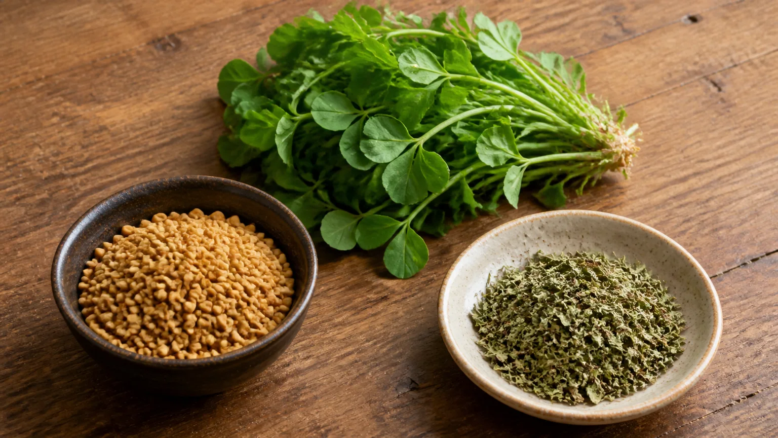 Hard yellow-brown fenugreek seeds, a fresh bunch of green methi leaves, and crumbled dried kasuri methi in separate bowls