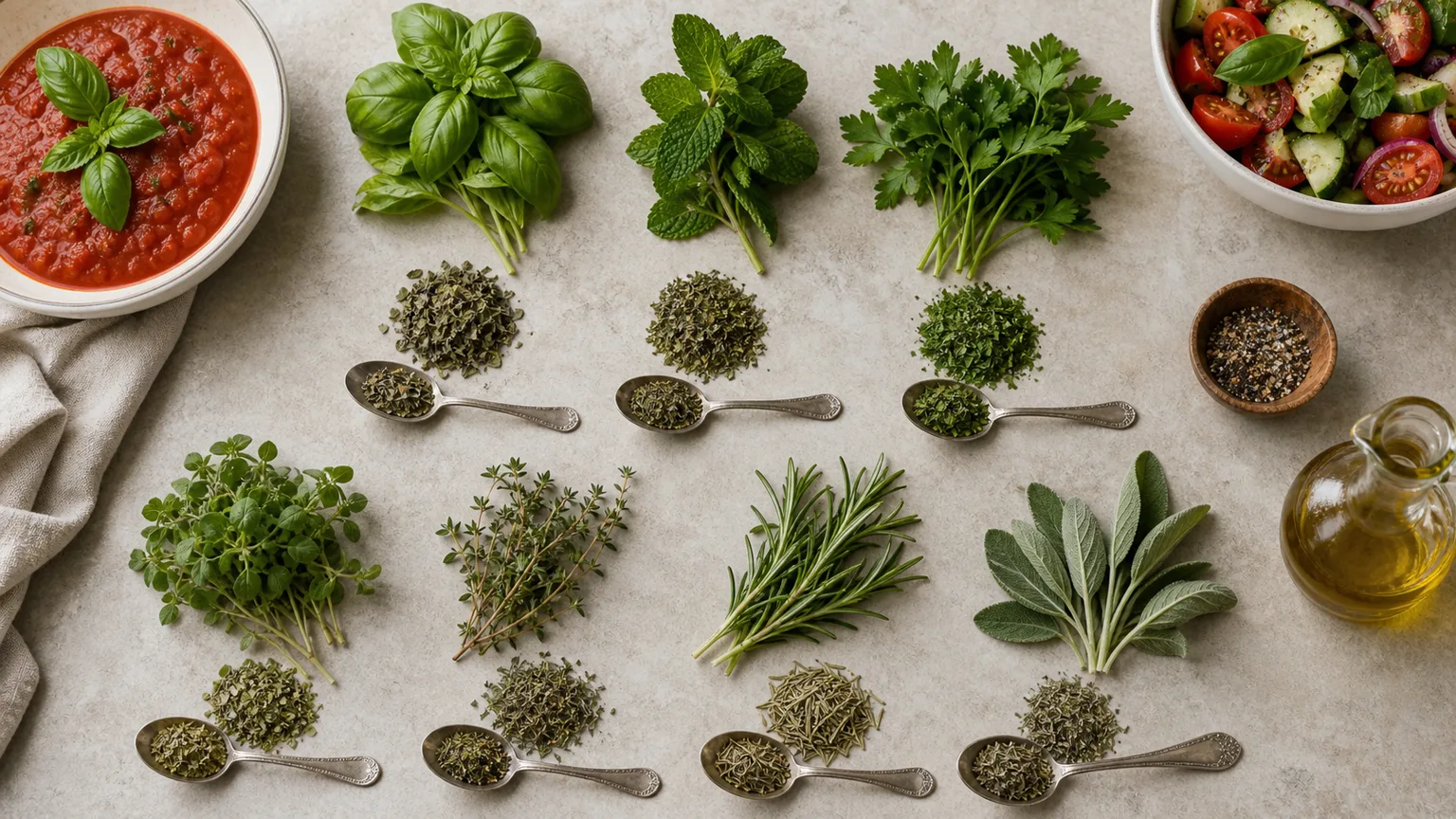 Fresh basil, mint, parsley, thyme, rosemary, and sage shown beside dried herb spoonfuls with sauce and salad contexts