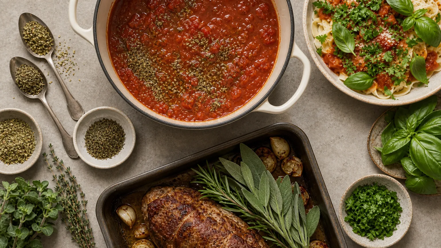 Tomato sauce, roast chicken, pasta, and fresh herbs arranged to show dried herbs early and fresh herbs late