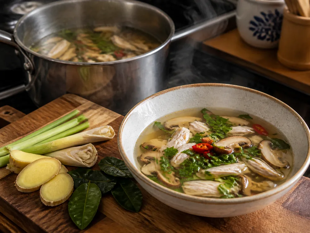 Ginger coins, one torn makrut lime leaf, and bruised lemongrass infusing pale soup broth - galangal substitute for soup | KnowTheSpices