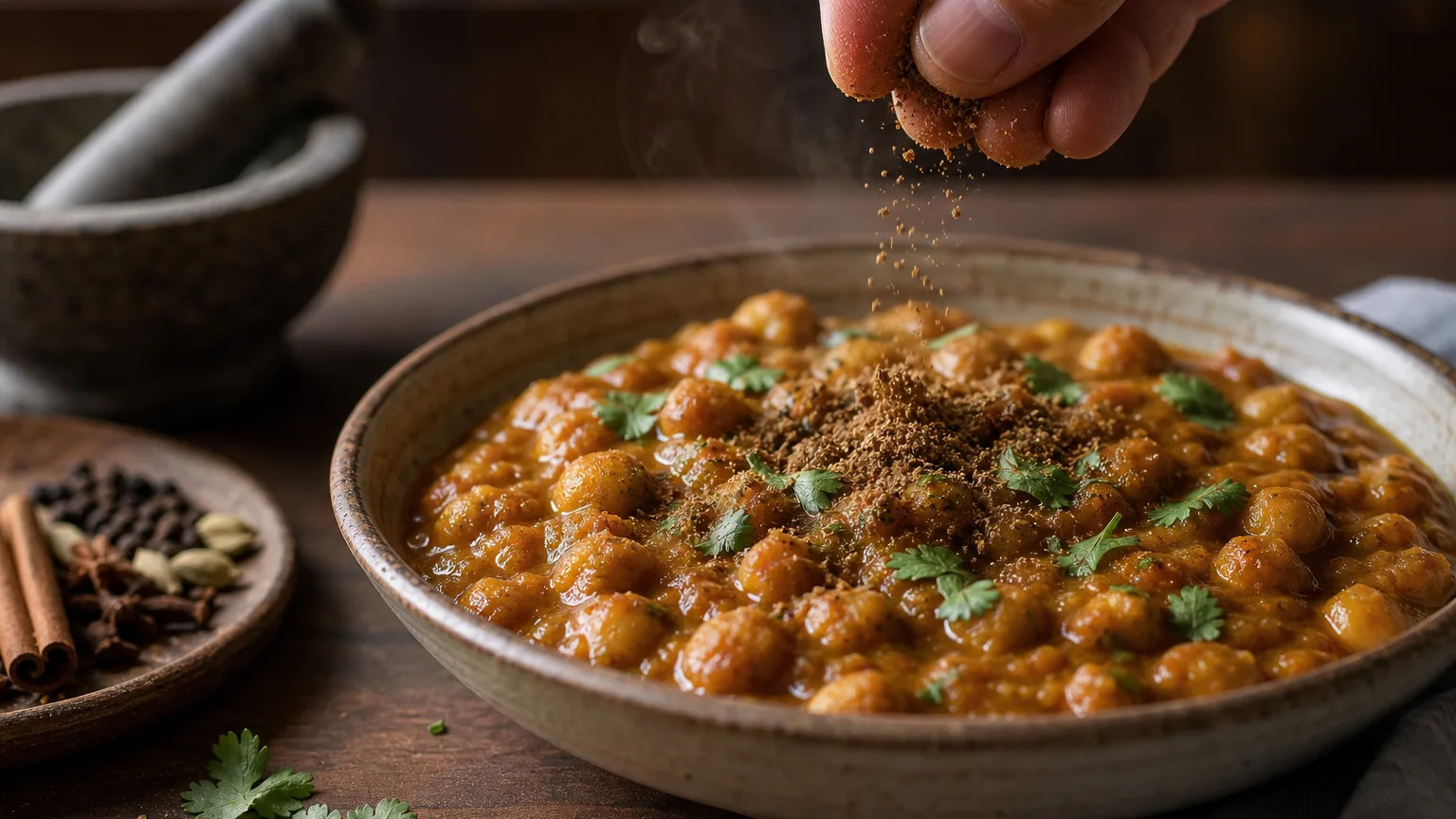 A tiny final pinch of garam masala added to chickpea curry before serving