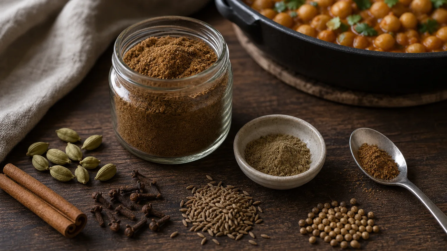 Fresh garam masala beside a dull faded sample, whole spices, spoon, and chickpeas