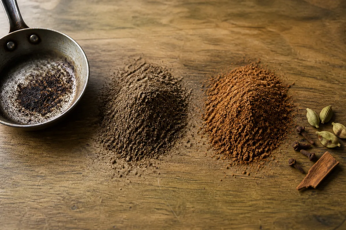 Scorched grey-brown garam masala beside a fresh reddish-brown batch with whole cardamom cloves and cinnamon - garam masala scorched vs fresh | KnowTheSpices