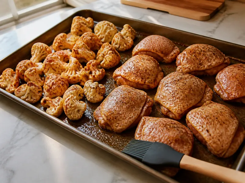 Baharat-coated cauliflower and chicken arranged on a roasting tray - garam masala substitutes | KnowTheSpices