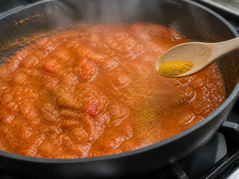 A small curry powder measure dusted over red-brown tomato curry - garam masala substitutes | KnowTheSpices