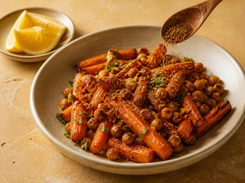 Ras el hanout sprinkled lightly over roasted carrots and chickpeas with lemon held aside - garam masala substitutes | KnowTheSpices