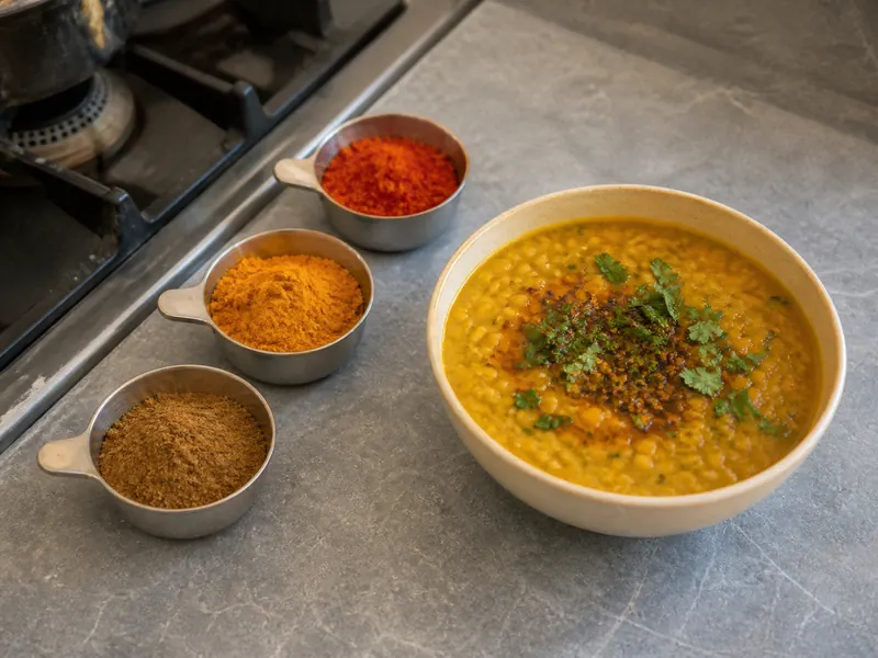Brown garam masala, yellow curry powder, and red chile powder beside finished dal - garam masala substitutes | KnowTheSpices