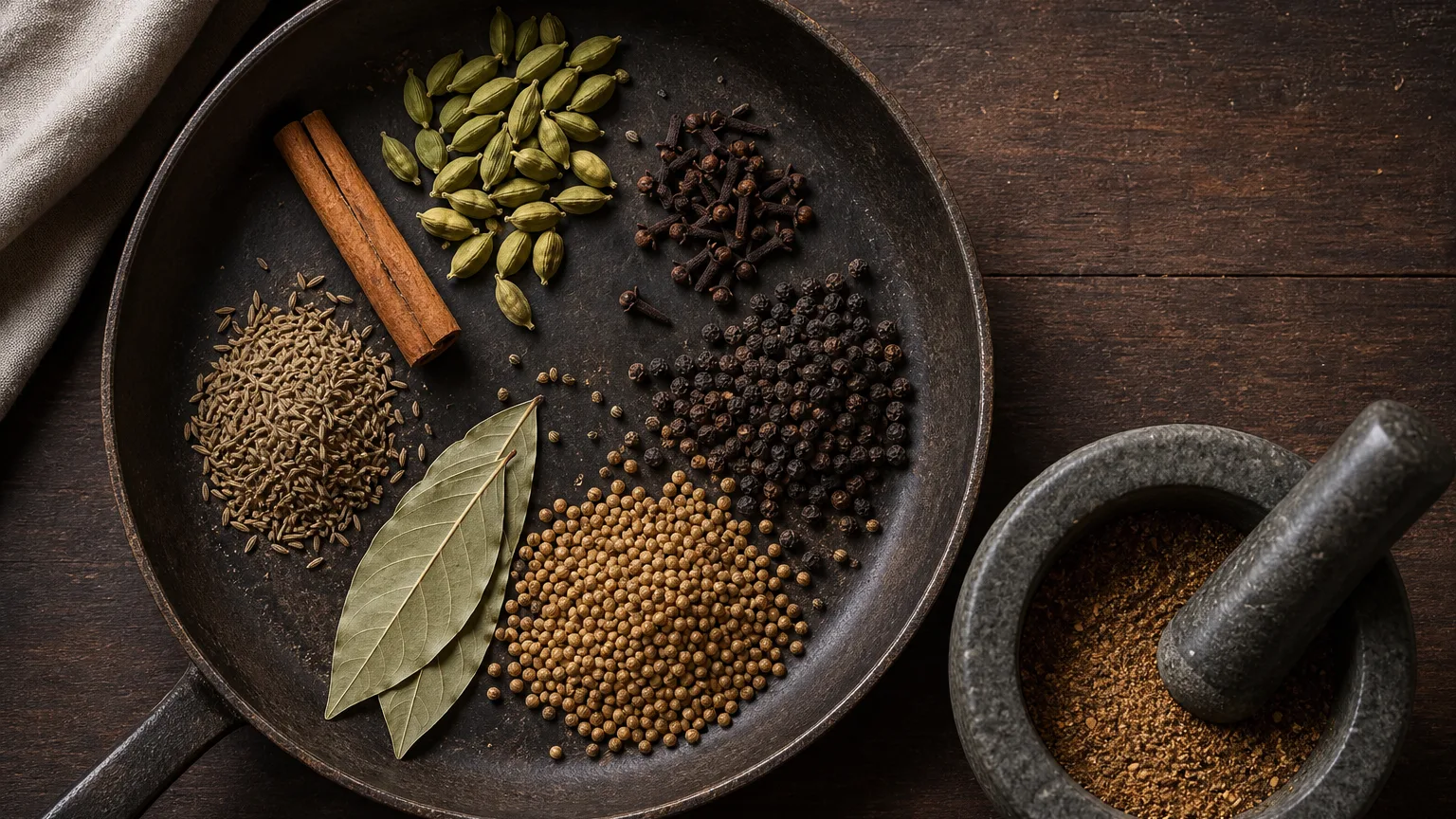 Whole spices for garam masala cooling near a mortar before grinding