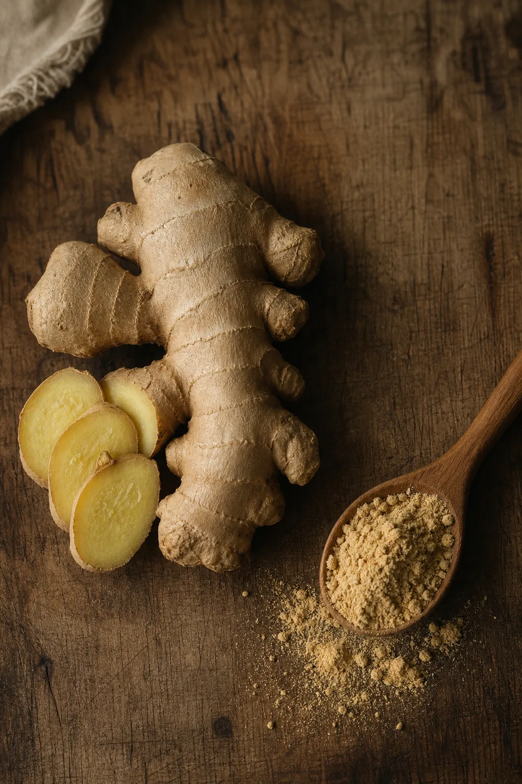 A knob of fresh ginger root and a small spoon of ground ginger side by side on a wooden board