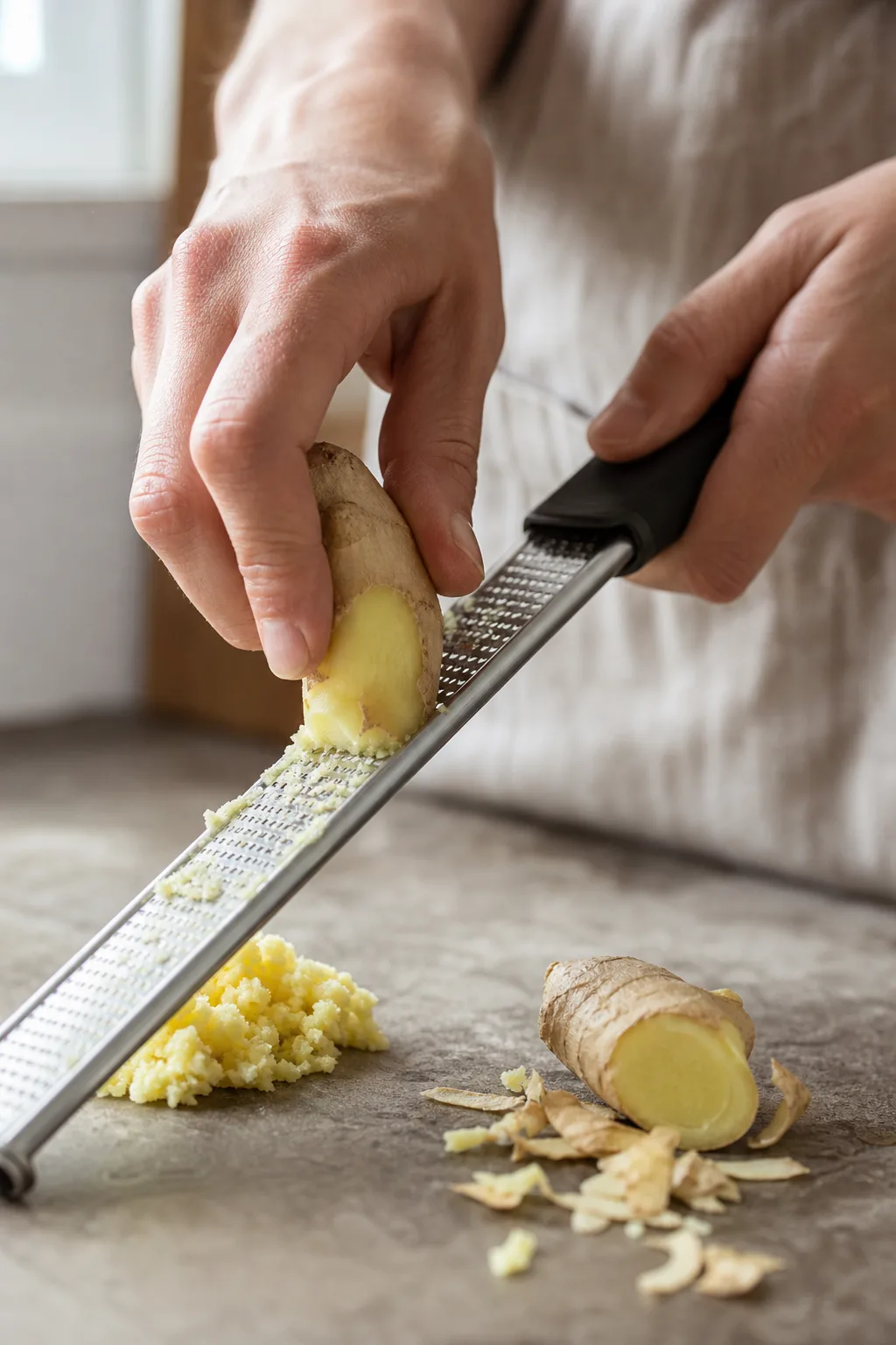 Fresh ginger being grated on a microplane into a soft juicy pulp with peeled skin nearby