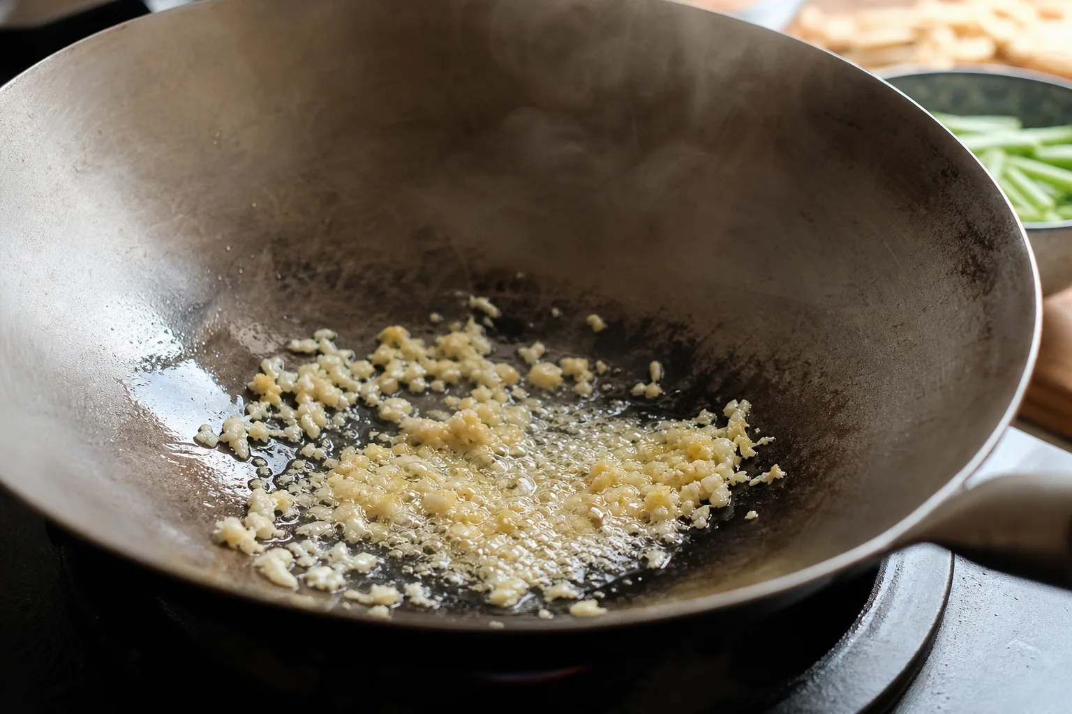 Grated fresh ginger and garlic sizzling in oil in a hot wok at the start of a stir-fry