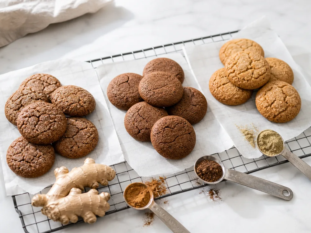 Allspice, mace, and cardamom beside three small cookie dough test portions - ground ginger substitutes for baking | KnowTheSpices