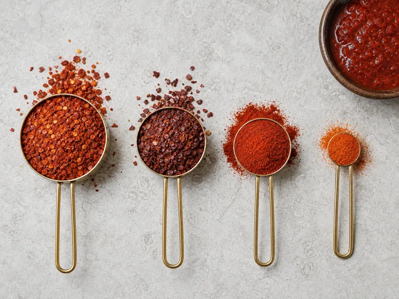 Coarse gochugaru and Aleppo flakes beside smooth paprika and fine cayenne - gochugaru substitutes | KnowTheSpices