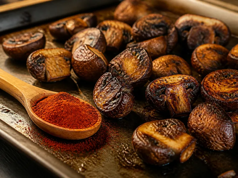 Smoked paprika beside deeply browned roasted mushrooms - gochugaru substitutes | KnowTheSpices
