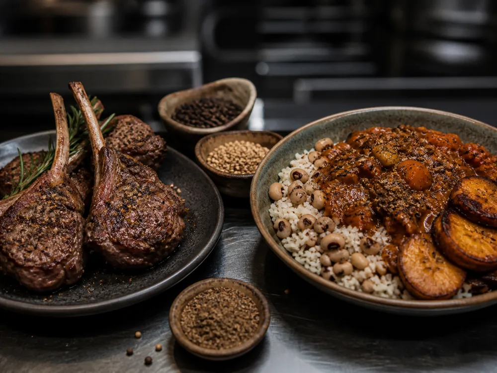 Roasted roots, fish, meat stew, and pear cake paired with different grains of paradise substitute blends - grains of paradise substitute by dish | KnowTheSpices