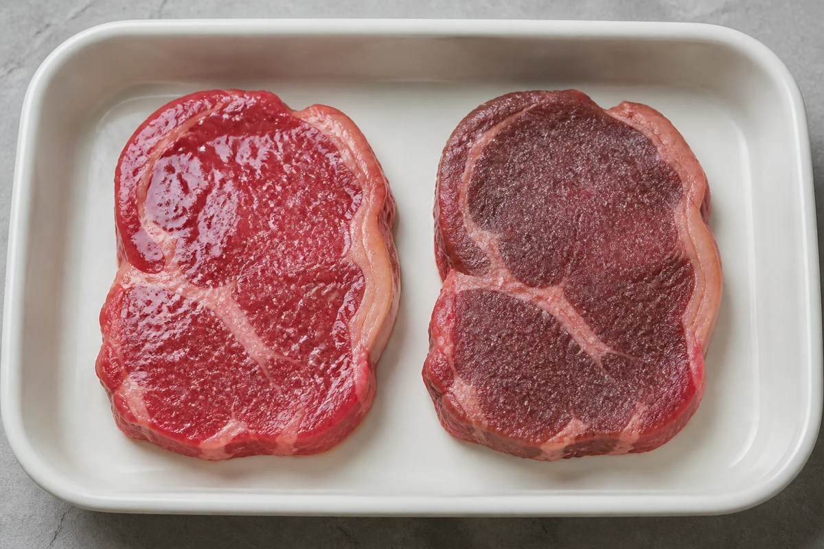 Two raw steaks side by side, one with a wet glistening surface beaded with moisture and one with a dry matte surface after overnight salting - dry brining before grilling | KnowTheSpices