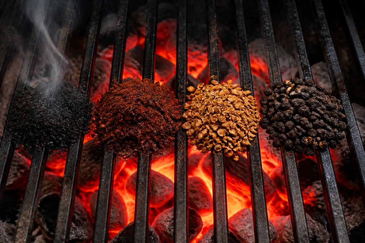 Four small heaps of spice on a hot grill grate showing different degrees of scorching, from blackened fine powder to intact cracked peppercorns - which grilling spices burn first | KnowTheSpices