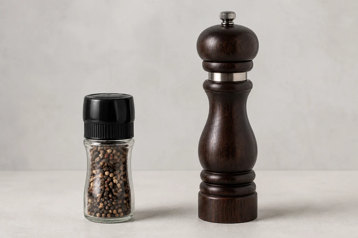 A supermarket spice jar with a moulded plastic grinder in its lid beside a solid wooden pepper mill with a metal adjustment collar - a disposable grinder against one built to last | KnowTheSpices
