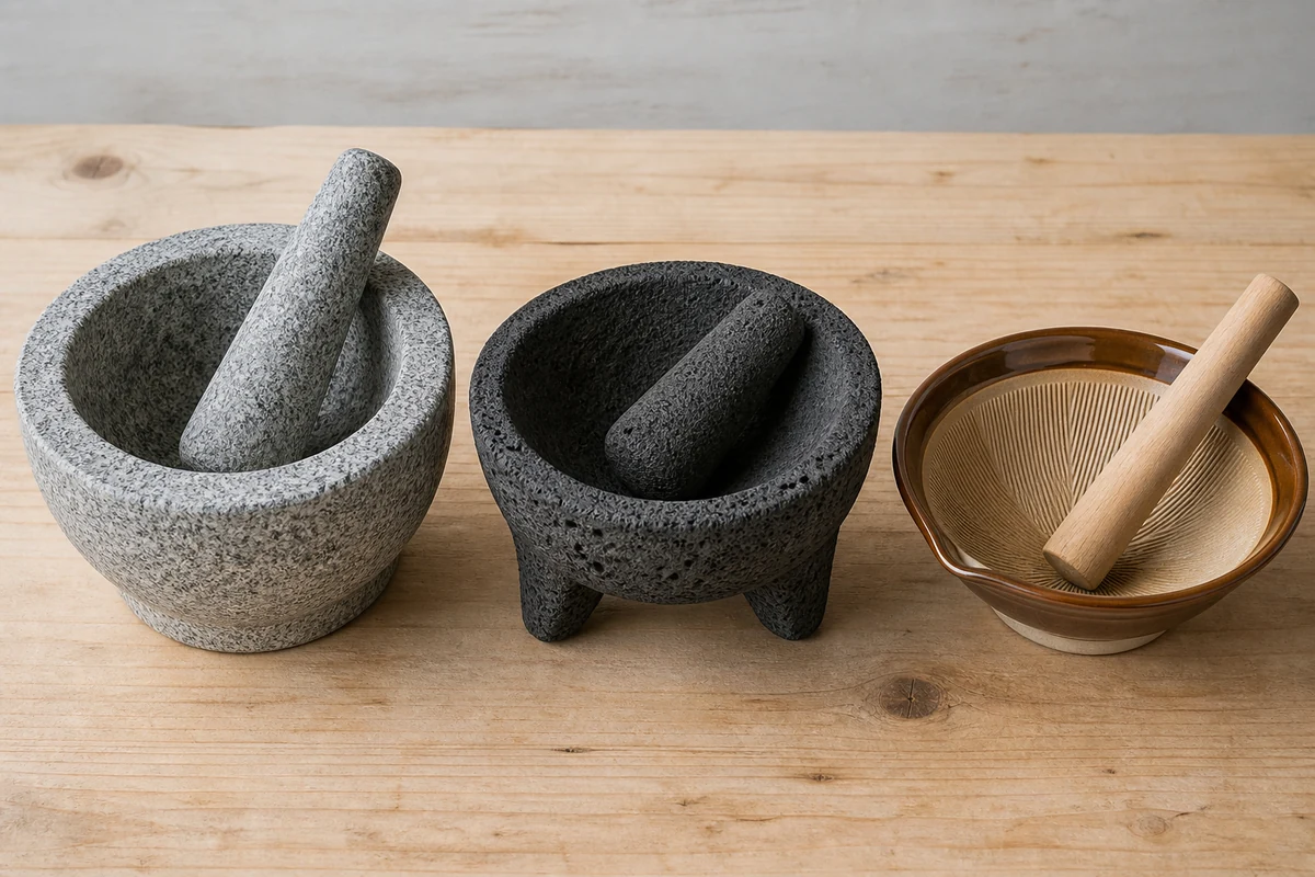Three mortars side by side, a heavy rough granite one, a dark volcanic stone molcajete and a ridged Japanese ceramic suribachi with a wooden pestle - three mortar designs for different jobs | KnowTheSpices