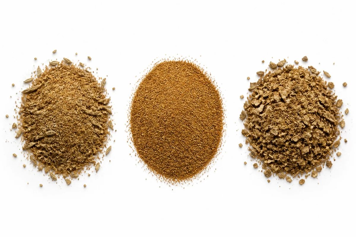 Three piles of ground cumin on a white surface, one uneven with both fine dust and whole seed fragments, one completely uniform and medium fine, and one coarse and irregular with bruised pieces - blade against burr against mortar | KnowTheSpices