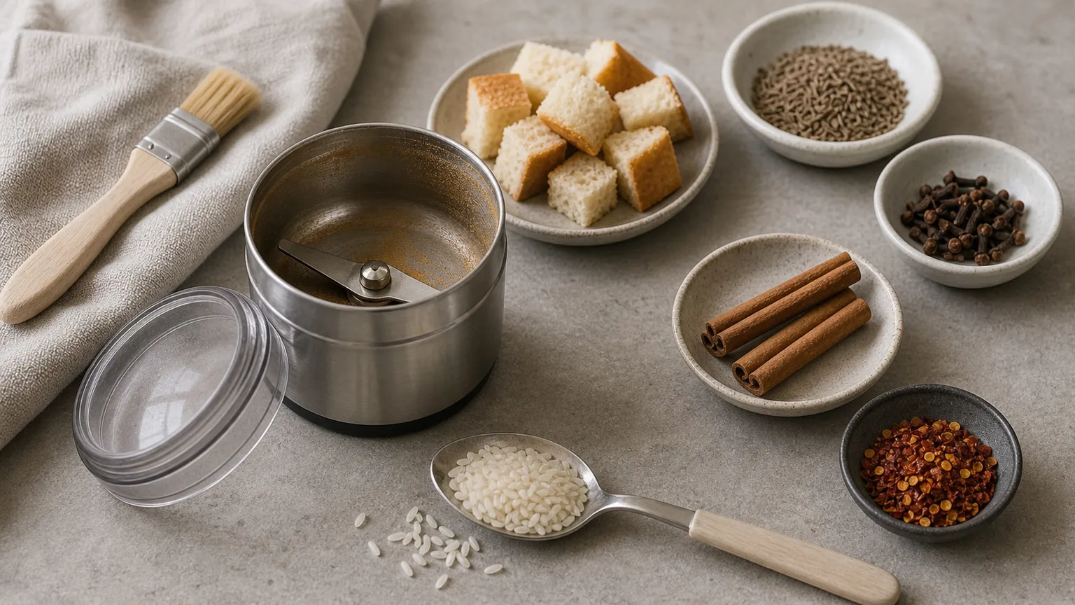Open spice grinder with dry rice, bread cubes, brush, cumin seed, cloves, cinnamon, and chile flakes