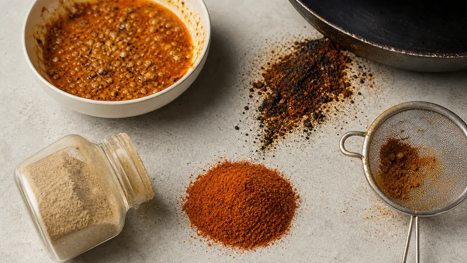Gritty sauce, scorched spice, stale powder, fresh spice, and sieve shown as grinding fault clues